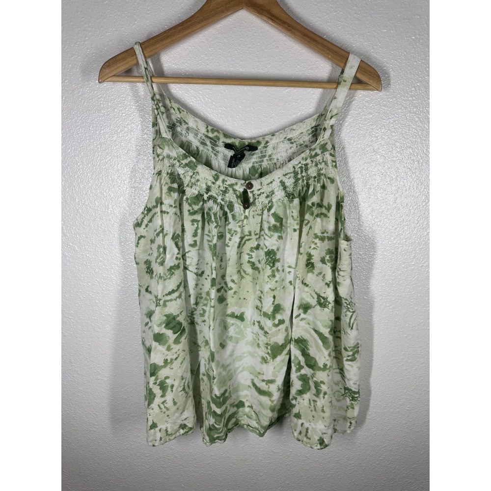 Millenium Shirt Women 2X Green White Tie Dye‎ Smocked Spaghetti Strap Rayon Tank